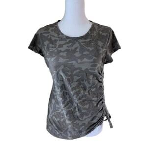 INC Women's Camo Print Side Ruched Tie Short Sleeve Tee Shirt Top Size Small EUC